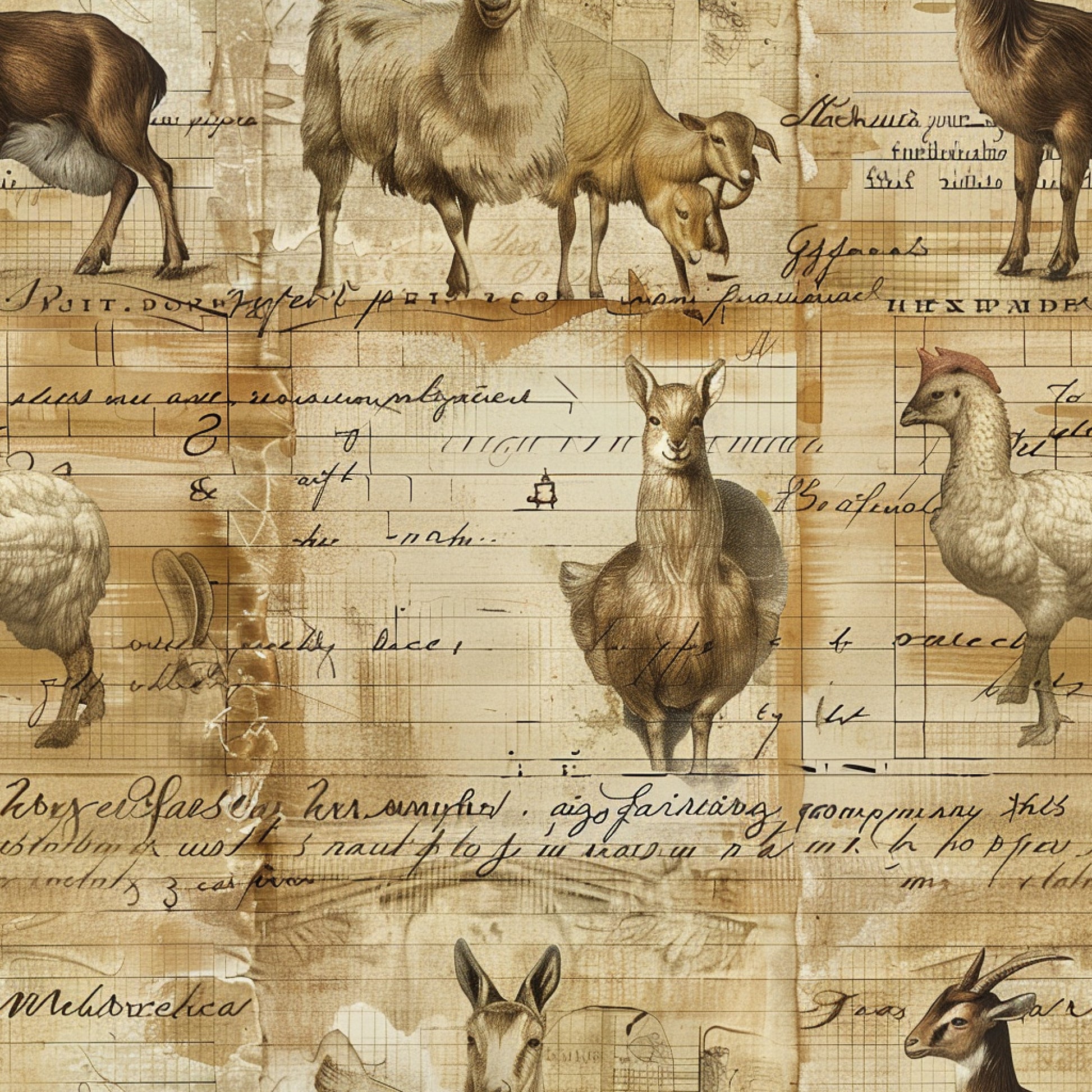beige, cream, sepia tones, farm animals, goats, chickens, roosters, sheep, vintage illustrations, handwritten script, aged paper effect, rural life, barnyard animals, livestock, antique diary style, weathered parchment, pastoral scene, quilting cotton, fabric panel, rustic charm, country living, farmhouse theme