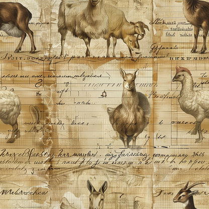beige, cream, sepia tones, farm animals, goats, chickens, roosters, sheep, vintage illustrations, handwritten script, aged paper effect, rural life, barnyard animals, livestock, antique diary style, weathered parchment, pastoral scene, quilting cotton, fabric panel, rustic charm, country living, farmhouse theme