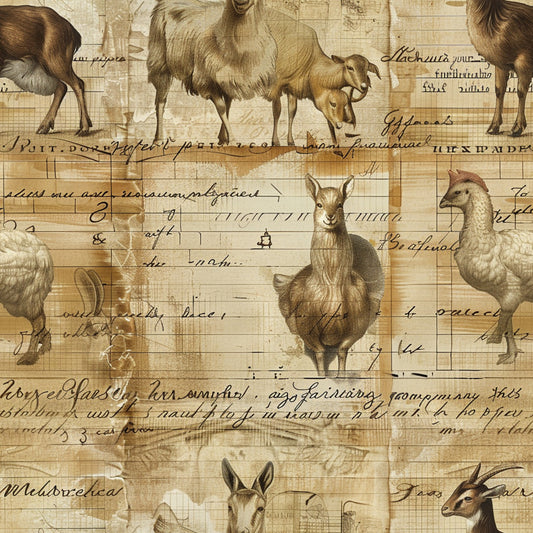 beige, cream, sepia tones, farm animals, goats, chickens, roosters, sheep, vintage illustrations, handwritten script, aged paper effect, rural life, barnyard animals, livestock, antique diary style, weathered parchment, pastoral scene, quilting cotton, fabric panel, rustic charm, country living, farmhouse theme