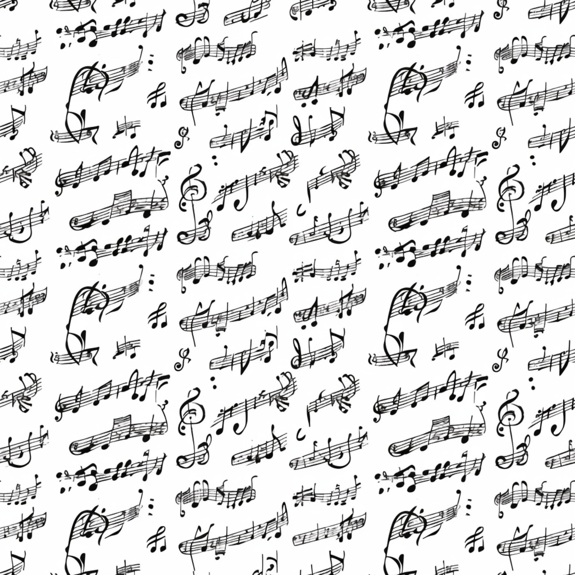 black and white, musical notes, staff lines, treble clef, sheet music, handwritten style, monochrome, vintage music, quilting cotton, fabric panel, seamless pattern, artistic notation, music themed, craft fabric, sewing material, repeating motif, elegant design, musical composition, flowing notes, sophisticated pattern