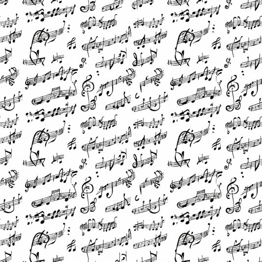 black and white, musical notes, staff lines, treble clef, sheet music, handwritten style, monochrome, vintage music, quilting cotton, fabric panel, seamless pattern, artistic notation, music themed, craft fabric, sewing material, repeating motif, elegant design, musical composition, flowing notes, sophisticated pattern