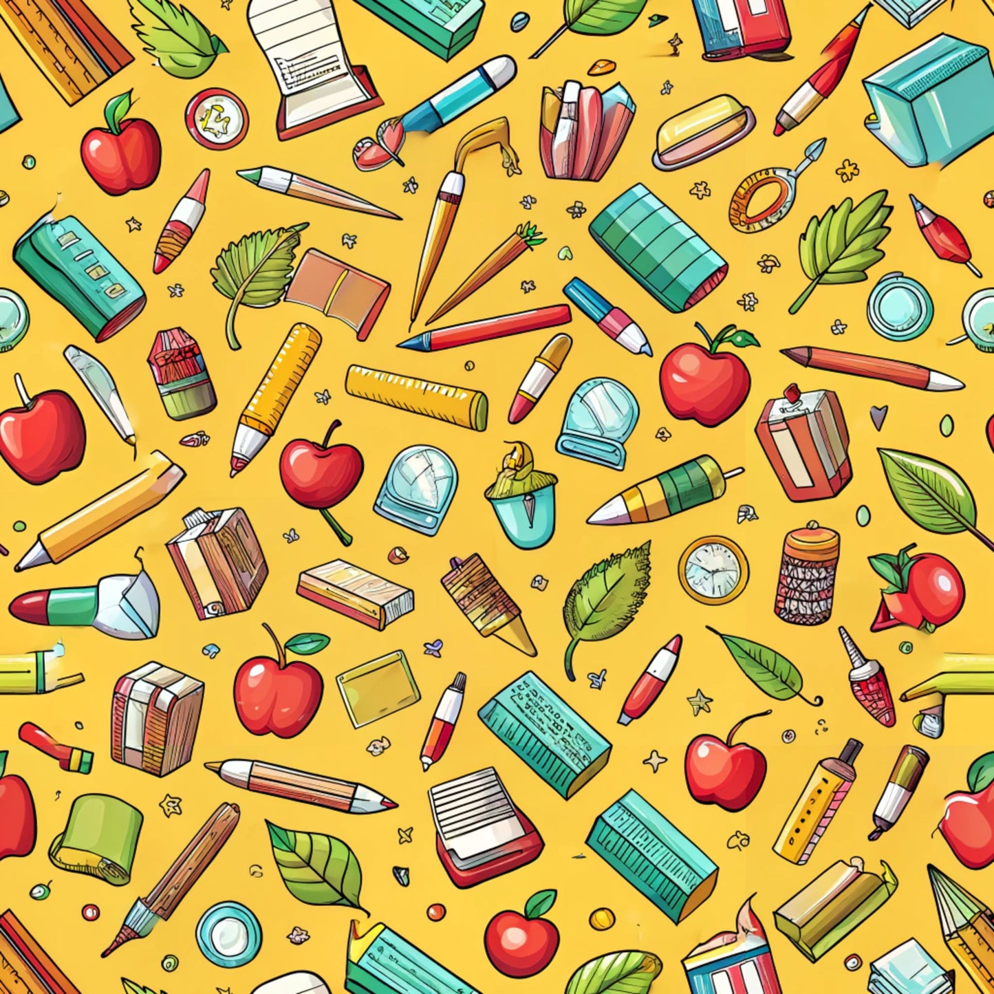yellow background, school supplies, red apples, green leaves, pencils, crayons, books, rulers, erasers, paintbrushes, scattered pattern, bright colors, educational theme, back to school, quilting cotton, fabric panel, cheerful design, colorful illustration, academic motifs, classroom items