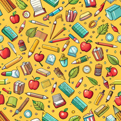 yellow background, school supplies, red apples, green leaves, pencils, crayons, books, rulers, erasers, paintbrushes, scattered pattern, bright colors, educational theme, back to school, quilting cotton, fabric panel, cheerful design, colorful illustration, academic motifs, classroom items