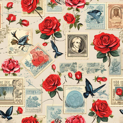 red roses, vintage stamps, blue birds, butterflies, postage stamps, romantic pattern, floral design, cream background, quilting cotton, fabric panel, botanical motifs, nostalgic style, love letters, postal theme, victorian era, detailed illustration, repeating pattern, cottage core, vintage ephemera, antique styling