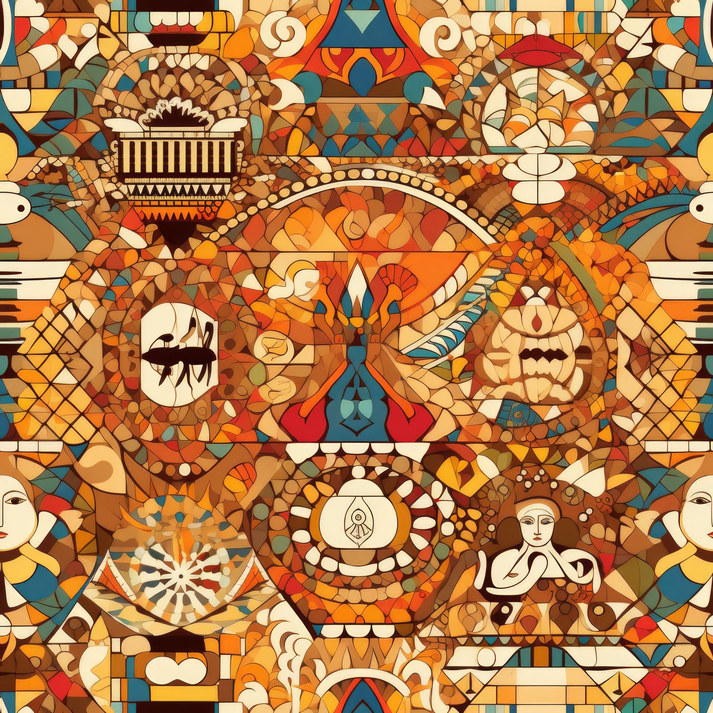 mosaic art, geometric patterns, warm orange, burnt sienna, teal blue, cream beige, tribal motifs, abstract faces, circular medallions, intricate details, quilting cotton, fabric panel, bohemian style, ethnic designs, complex composition, earthy tones, decorative elements, patchwork inspiration, artistic mosaic, southwestern influence