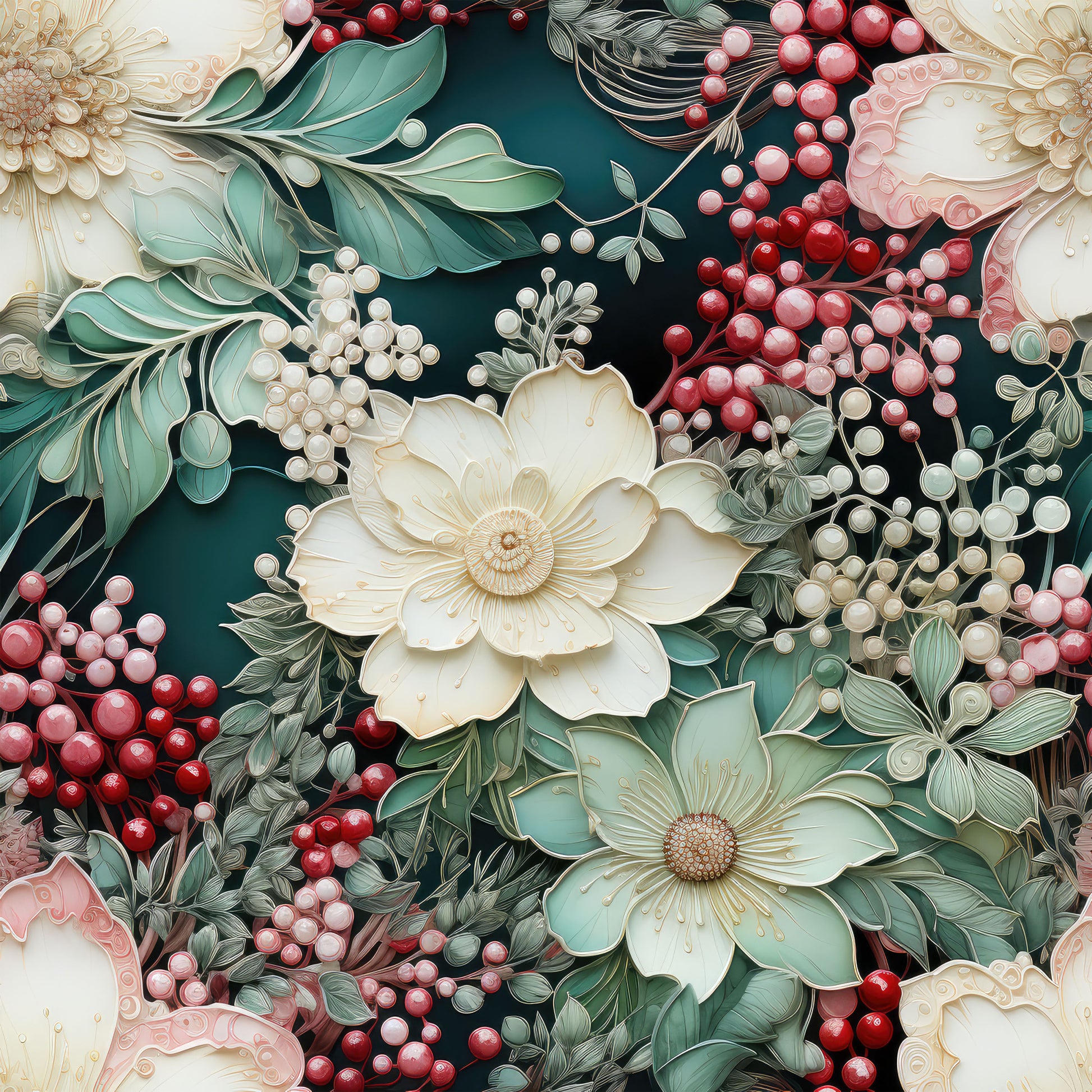 christmas florals, quilting cotton, fabric panel, deep teal, cream flowers, red berries, sage green, pink accents, winter botanicals, holiday floral, elegant blooms, festive berries, layered petals, dimensional flowers, seasonal foliage, ornate design, rich colors, decorative florals, winter garden