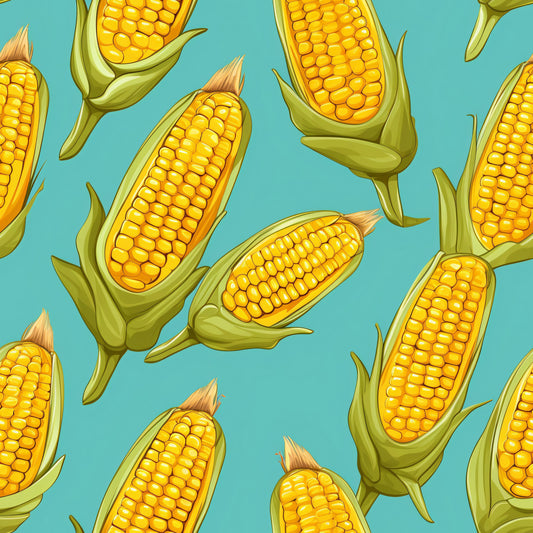 sweet corn, corn cobs, yellow kernels, golden yellow, turquoise background, green husks, brown silk tassels, vegetable pattern, food motif, farming theme, harvest design, realistic illustration, scattered layout, quilting cotton, fabric panel, summer produce, agricultural art, botanical design, kitchen theme, cooking motif