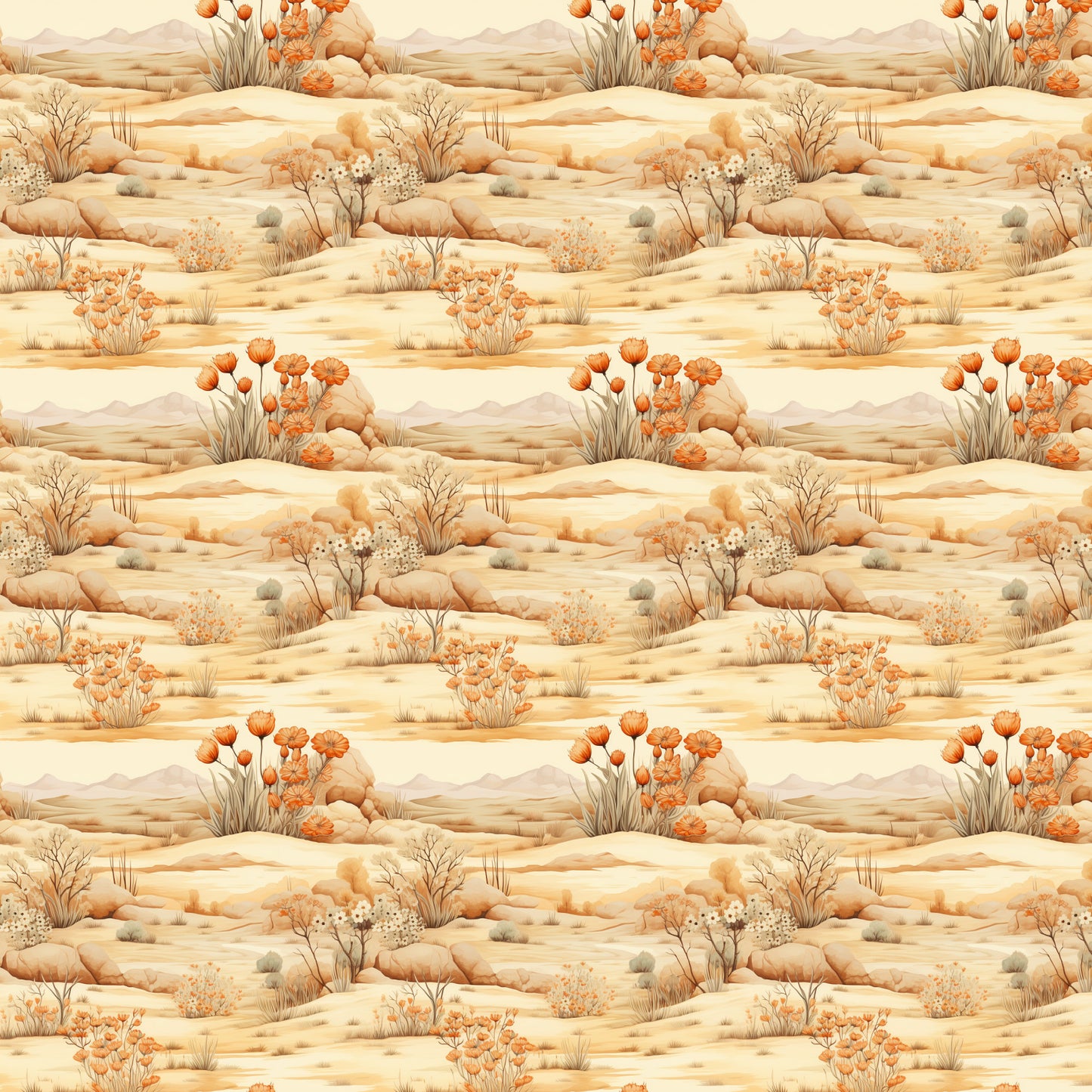 desert landscape, beige tones, orange flowers, sandy colors, cream background, rolling hills, desert plants, cacti blooms, warm palette, southwestern style, nature scene, quilting cotton, fabric panel, repeating pattern, earth tones, botanical elements, arid landscape, neutral colors, desert flora, seamless design