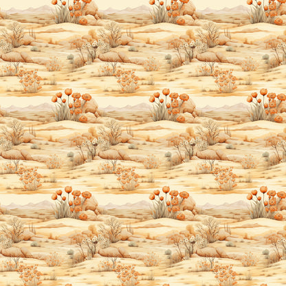 desert landscape, beige tones, orange flowers, sandy colors, cream background, rolling hills, desert plants, cacti blooms, warm palette, southwestern style, nature scene, quilting cotton, fabric panel, repeating pattern, earth tones, botanical elements, arid landscape, neutral colors, desert flora, seamless design