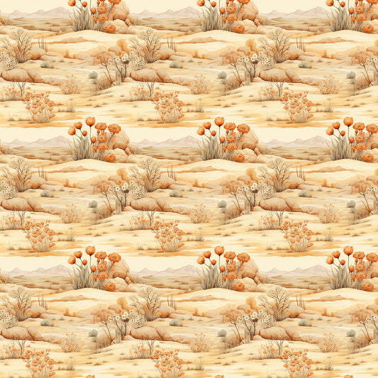 desert landscape, beige tones, orange flowers, sandy colors, cream background, rolling hills, desert plants, cacti blooms, warm palette, southwestern style, nature scene, quilting cotton, fabric panel, repeating pattern, earth tones, botanical elements, arid landscape, neutral colors, desert flora, seamless design