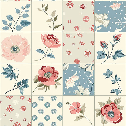 cottagecore, quilting cotton, fabric panel, floral motifs, botanical designs, pink flowers, blue leaves, coral blooms, sage green, dusty blue, cream background, vintage florals, country style, soft pastels, nature inspired, garden flowers, romantic florals, patchwork squares, quilting blocks, feminine aesthetic
