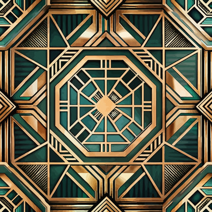 emerald green, gold, bronze, copper, art deco, geometric pattern, octagonal design, symmetrical, angular lines, metallic accents, vintage style, 1920s inspired, luxurious, ornate details, quilting cotton, fabric panel, decorative motifs, layered geometry, sophisticated palette, opulent design