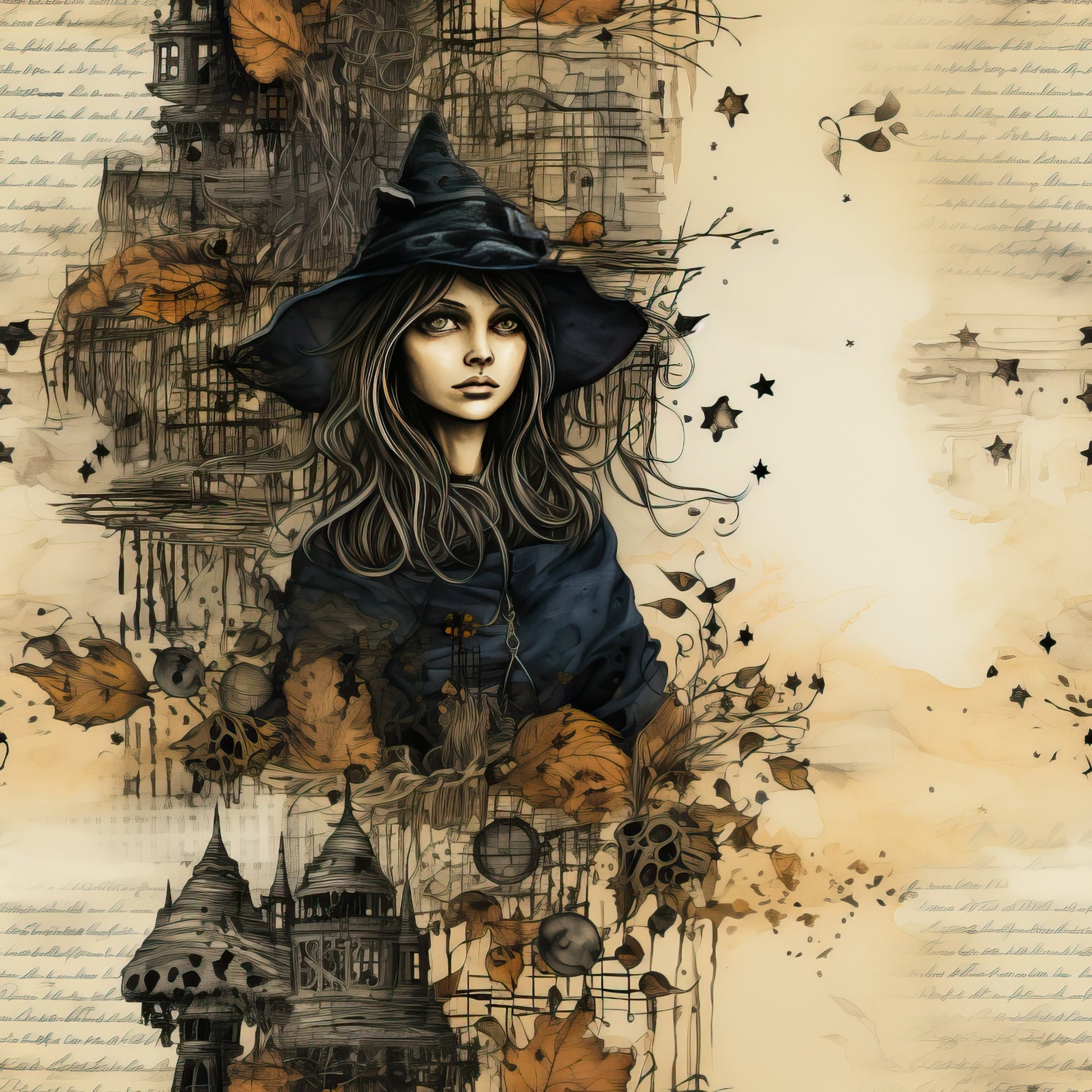 witch, halloween, autumn leaves, black hat, gothic castle, sepia tones, beige background, orange accents, dark blue robes, mystical stars, vintage illustration, spooky architecture, flowing hair, magical theme, quilting cotton, fabric panel, seasonal design, gothic style, witch portrait, autumn colors