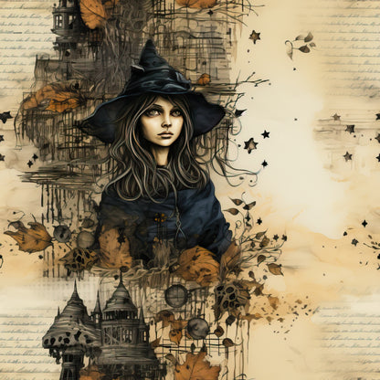 witch, halloween, autumn leaves, black hat, gothic castle, sepia tones, beige background, orange accents, dark blue robes, mystical stars, vintage illustration, spooky architecture, flowing hair, magical theme, quilting cotton, fabric panel, seasonal design, gothic style, witch portrait, autumn colors