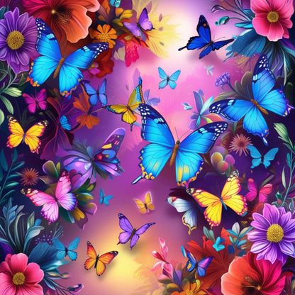 butterflies, floral pattern, vibrant colors, purple background, blue morpho, yellow butterflies, pink flowers, orange blooms, fantasy art, digital illustration, nature theme, tropical butterflies, colorful wings, garden scene, quilting cotton, fabric panel, bright hues, whimsical design, spring motifs, decorative butterflies