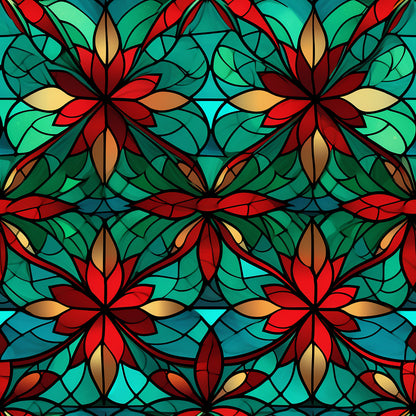 stained glass, christmas pattern, quilting cotton, fabric panel, floral motifs, poinsettia flowers, emerald green, crimson red, golden yellow, turquoise blue, geometric segments, leadlight style, festive design, holiday fabric, decorative pattern, botanical elements, vibrant colors, mosaic effect, seasonal motif, crafting material