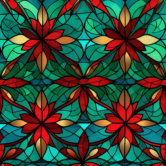 stained glass, christmas pattern, quilting cotton, fabric panel, floral motifs, poinsettia flowers, emerald green, crimson red, golden yellow, turquoise blue, geometric segments, leadlight style, festive design, holiday fabric, decorative pattern, botanical elements, vibrant colors, mosaic effect, seasonal motif, crafting material