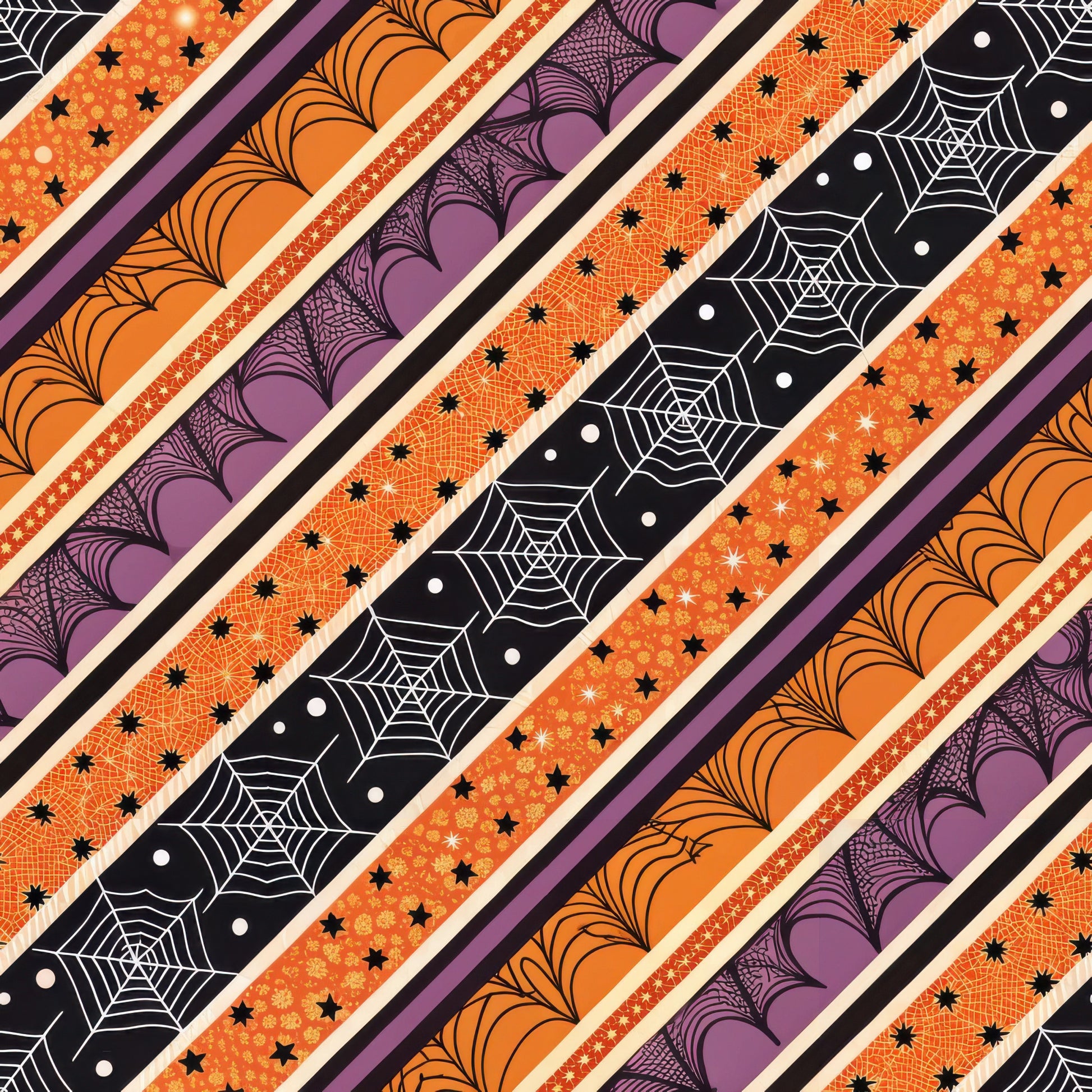 orange, purple, black, cream, diagonal stripes, spider webs, stars, bat wings, halloween themed, quilting cotton, fabric panel, spooky patterns, autumn colors, geometric designs, seasonal motifs, gothic elements, festive stripes, coordinating prints, craft fabric, patchwork material