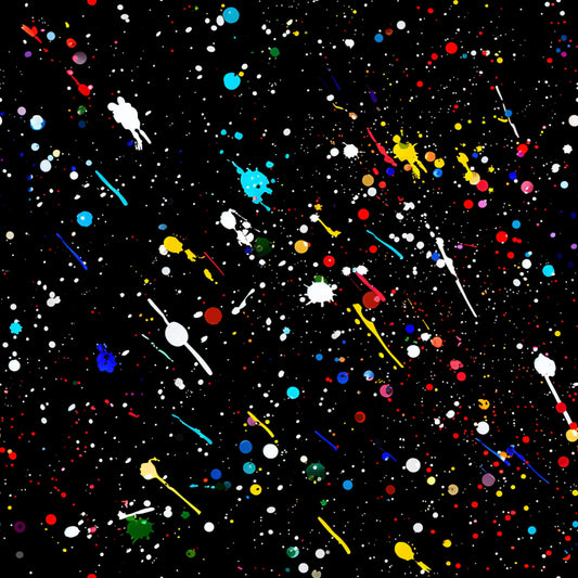 black background, multicolored splatters, paint splatter pattern, white dots, red circles, blue accents, yellow splashes, green spots, purple elements, cyan details, orange droplets, pink specks, abstract design, artistic pattern, modern style, vibrant colors, quilting cotton, fabric panel, contemporary art, scattered dots