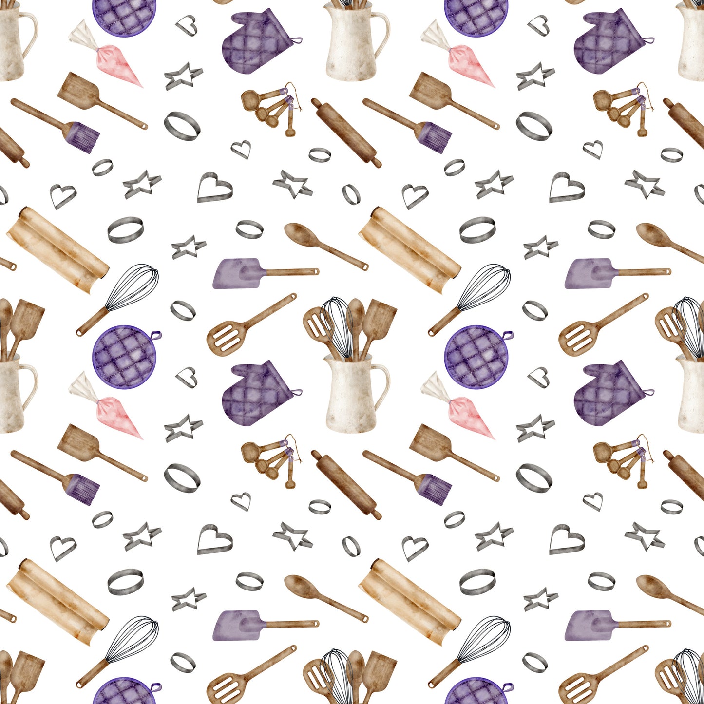 watercolor, baking pattern, kitchen utensils, rolling pin, whisk, measuring spoons, cookie cutters, oven mitt, quilted pattern, purple accents, brown tones, beige colors, pink highlights, cooking theme, culinary design, seamless repeat, cotton fabric, quilting panel, kitchen accessories, baking tools