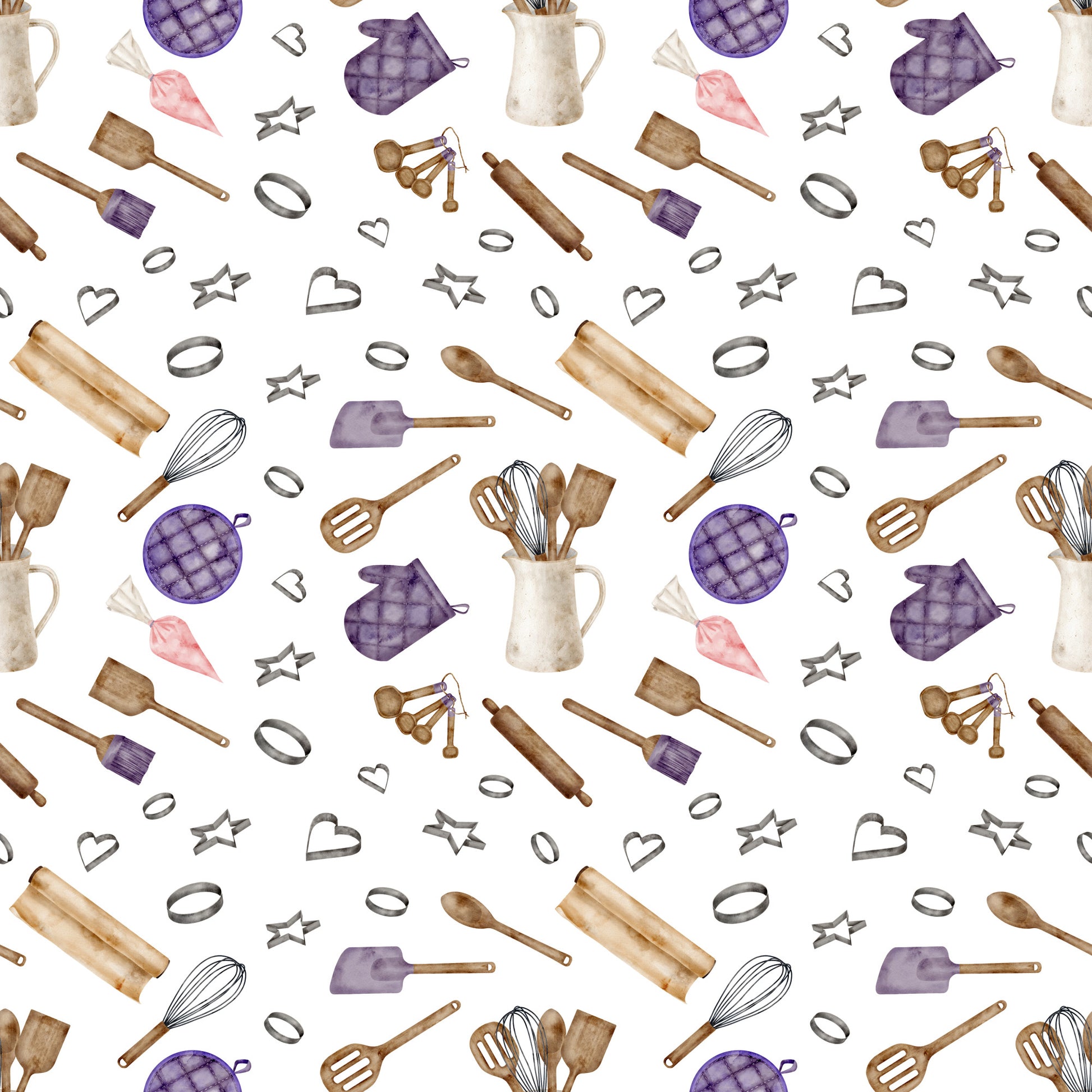 watercolor, baking pattern, kitchen utensils, rolling pin, whisk, measuring spoons, cookie cutters, oven mitt, quilted pattern, purple accents, brown tones, beige colors, pink highlights, cooking theme, culinary design, seamless repeat, cotton fabric, quilting panel, kitchen accessories, baking tools