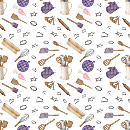 watercolor, baking pattern, kitchen utensils, rolling pin, whisk, measuring spoons, cookie cutters, oven mitt, quilted pattern, purple accents, brown tones, beige colors, pink highlights, cooking theme, culinary design, seamless repeat, cotton fabric, quilting panel, kitchen accessories, baking tools