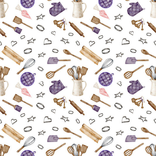 watercolor, baking pattern, kitchen utensils, rolling pin, whisk, measuring spoons, cookie cutters, oven mitt, quilted pattern, purple accents, brown tones, beige colors, pink highlights, cooking theme, culinary design, seamless repeat, cotton fabric, quilting panel, kitchen accessories, baking tools