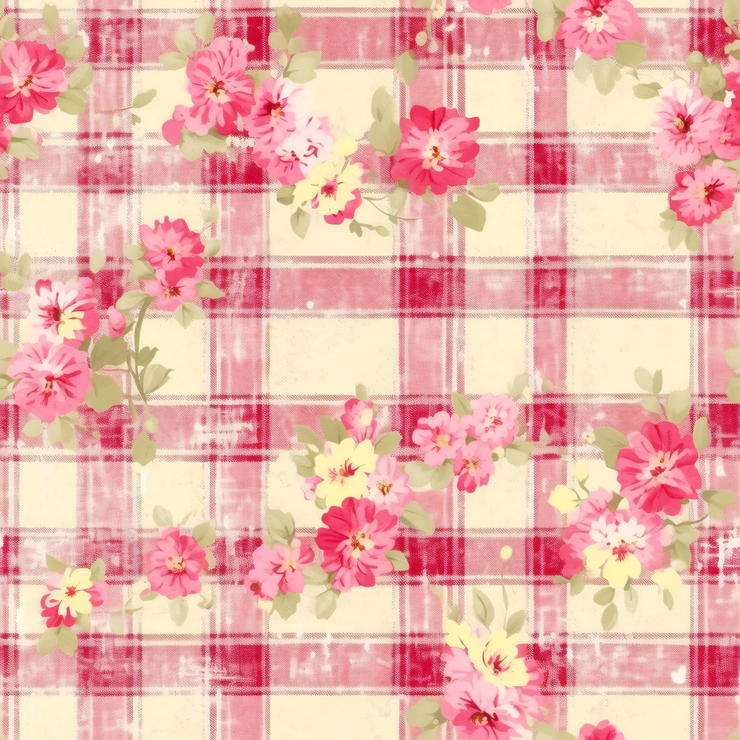 pink, coral, cream, ivory, green, plaid pattern, floral motifs, checkered background, roses, blooms, country style, cottage core, feminine, romantic, quilting cotton, fabric panel, soft pastels, vintage inspired, shabby chic, spring flowers