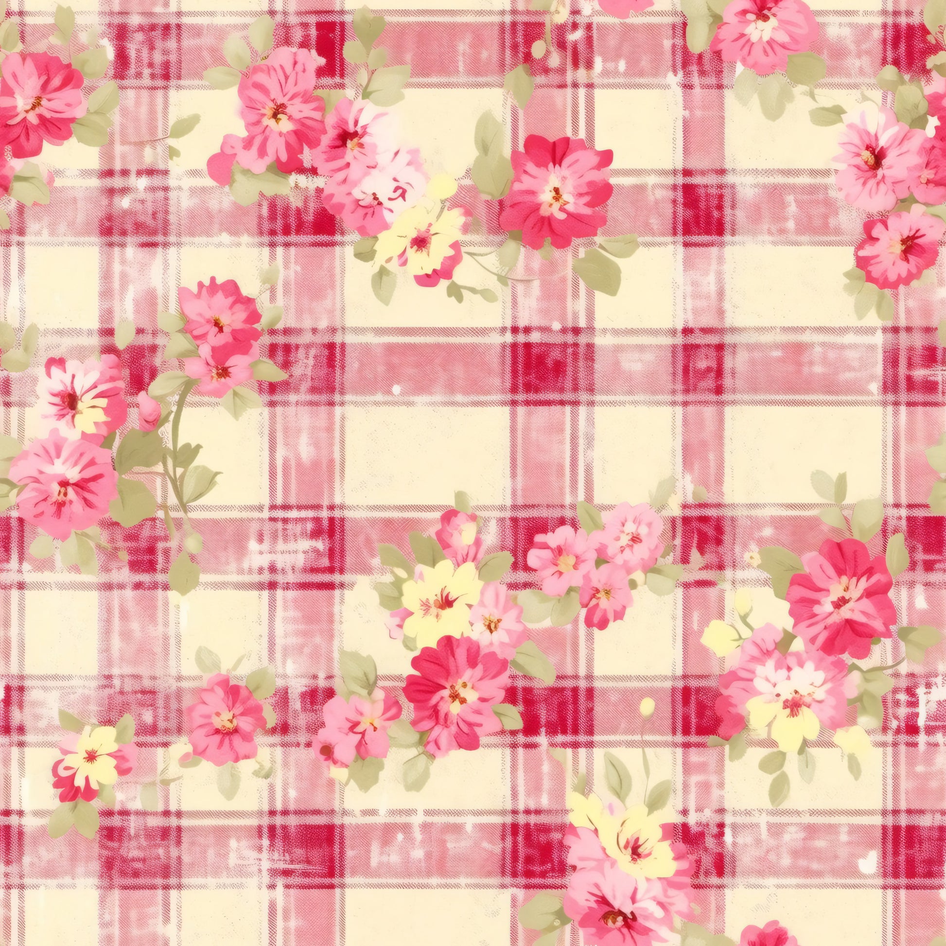 pink, coral, cream, ivory, green, plaid pattern, floral motifs, checkered background, roses, blooms, country style, cottage core, feminine, romantic, quilting cotton, fabric panel, soft pastels, vintage inspired, shabby chic, spring flowers
