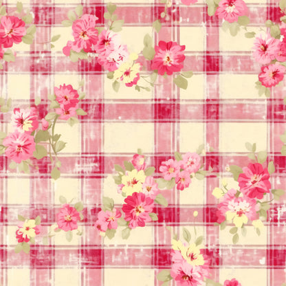 pink, coral, cream, ivory, green, plaid pattern, floral motifs, checkered background, roses, blooms, country style, cottage core, feminine, romantic, quilting cotton, fabric panel, soft pastels, vintage inspired, shabby chic, spring flowers