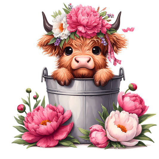 Cute Highland Cows in Buckets Fabric Panel 16