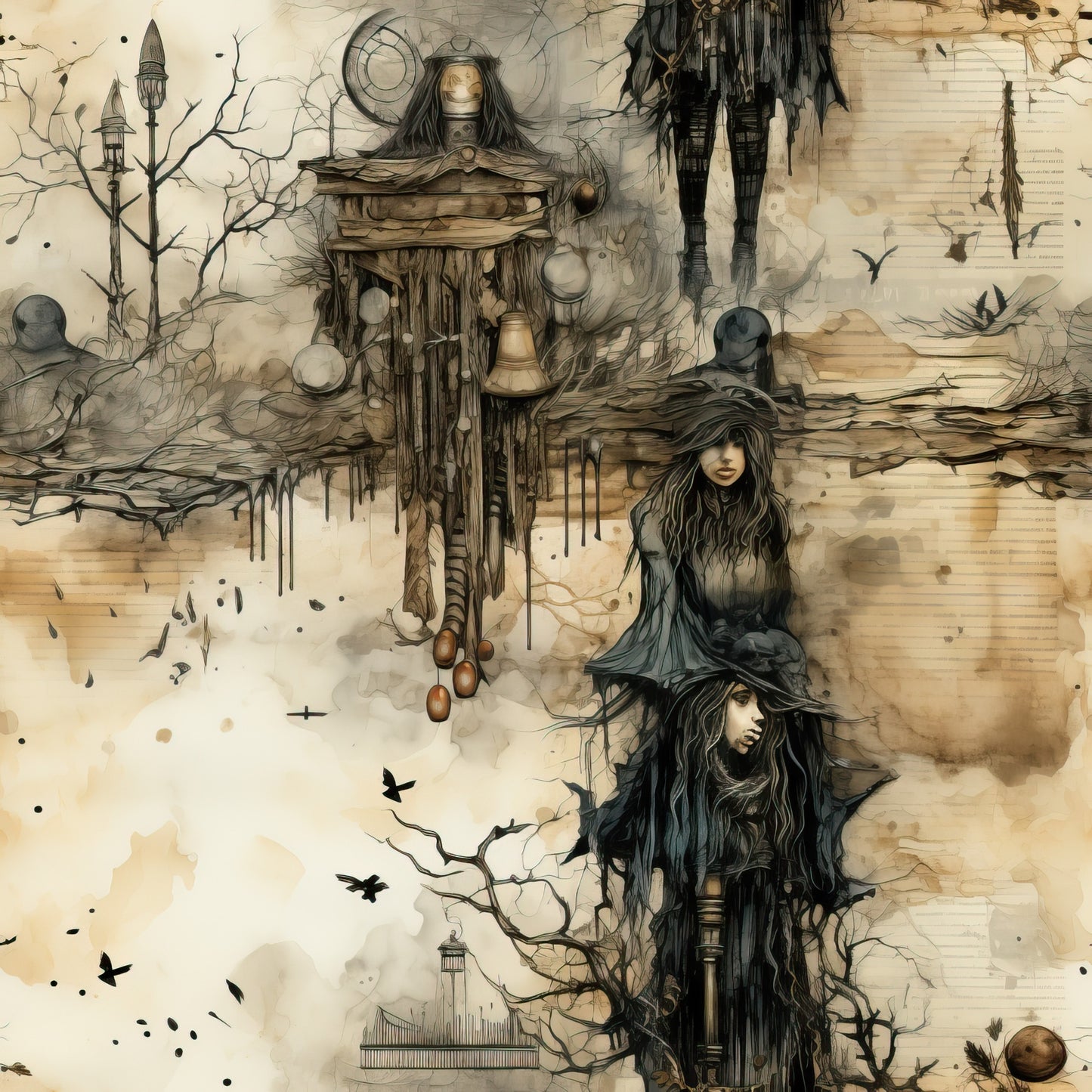 sepia tones, beige, brown, black, gothic witches, mysterious figures, bare trees, ravens, birds, wooden gallows, hanging nooses, dark fantasy, eerie atmosphere, halloween theme, spooky design, occult imagery, witchy aesthetic, quilting cotton, fabric panel, gothic art style