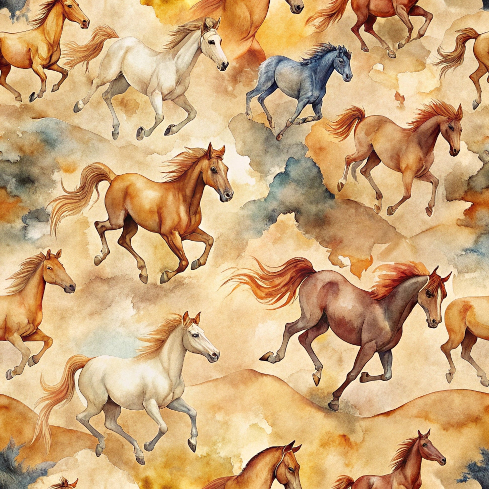 wild horses, galloping horses, watercolor style, brown horses, white horses, gray horses, chestnut horses, flowing manes, equestrian theme, western motif, golden background, cream tones, amber hues, dusty clouds, running animals, cotton fabric, quilting panel, repeating pattern, artistic illustration, dynamic movement
