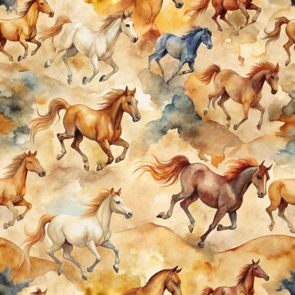 wild horses, galloping horses, watercolor style, brown horses, white horses, gray horses, chestnut horses, flowing manes, equestrian theme, western motif, golden background, cream tones, amber hues, dusty clouds, running animals, cotton fabric, quilting panel, repeating pattern, artistic illustration, dynamic movement