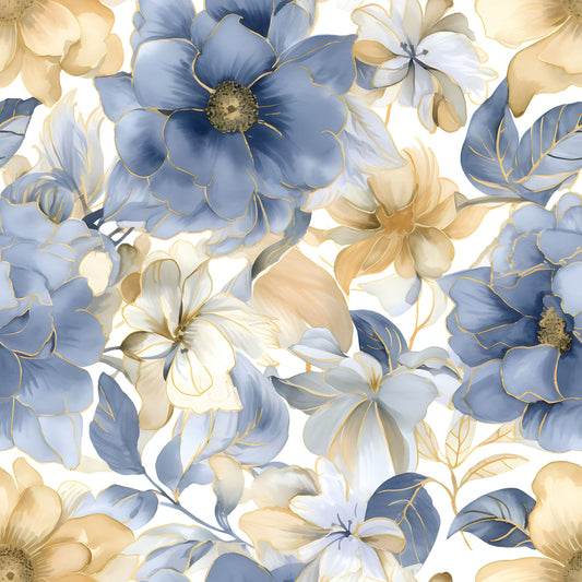 blue flowers, gold flowers, cream petals, dusty blue, golden yellow, floral pattern, botanical design, large blooms, leaves, elegant florals, quilting cotton, fabric panel, watercolor style, soft pastels, nature motif, romantic florals, feminine design, seamless pattern, decorative flowers, artistic blooms