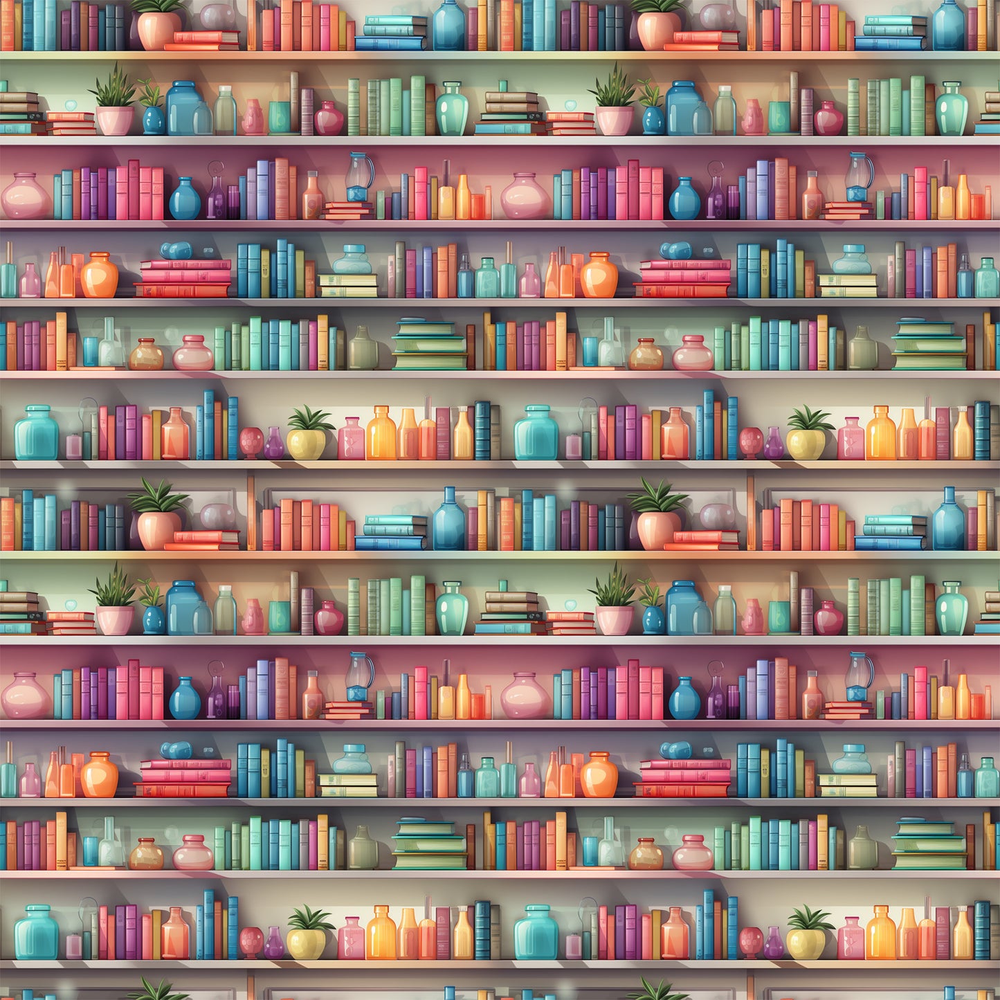 bookshelf pattern, quilting cotton, fabric panel, colorful books, ceramic vases, potted plants, library scene, teal blue, coral pink, purple, orange, yellow, green, repeated motif, decorative objects, cozy atmosphere, reading theme, bright colors, literary design, educational motif