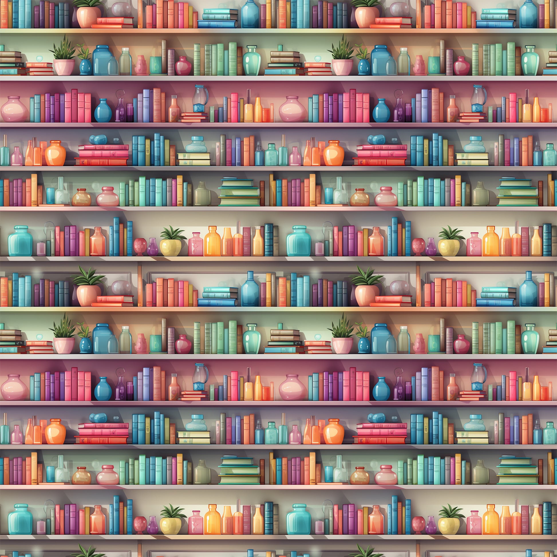 bookshelf pattern, quilting cotton, fabric panel, colorful books, ceramic vases, potted plants, library scene, teal blue, coral pink, purple, orange, yellow, green, repeated motif, decorative objects, cozy atmosphere, reading theme, bright colors, literary design, educational motif