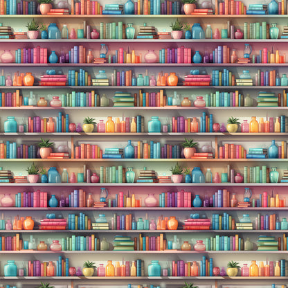bookshelf pattern, quilting cotton, fabric panel, colorful books, ceramic vases, potted plants, library scene, teal blue, coral pink, purple, orange, yellow, green, repeated motif, decorative objects, cozy atmosphere, reading theme, bright colors, literary design, educational motif