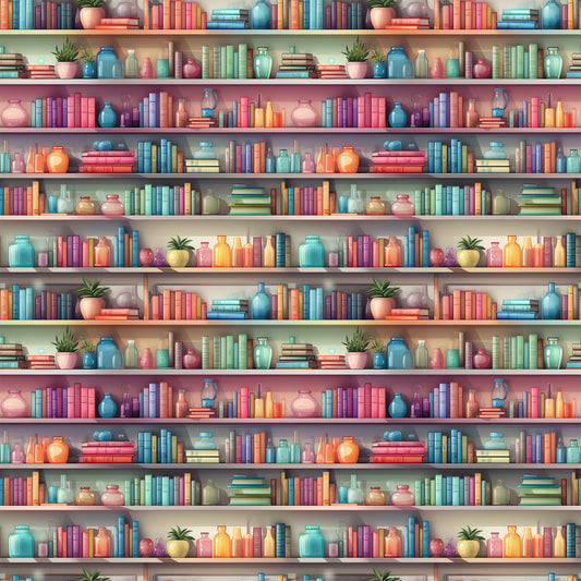 bookshelf pattern, quilting cotton, fabric panel, colorful books, ceramic vases, potted plants, library scene, teal blue, coral pink, purple, orange, yellow, green, repeated motif, decorative objects, cozy atmosphere, reading theme, bright colors, literary design, educational motif