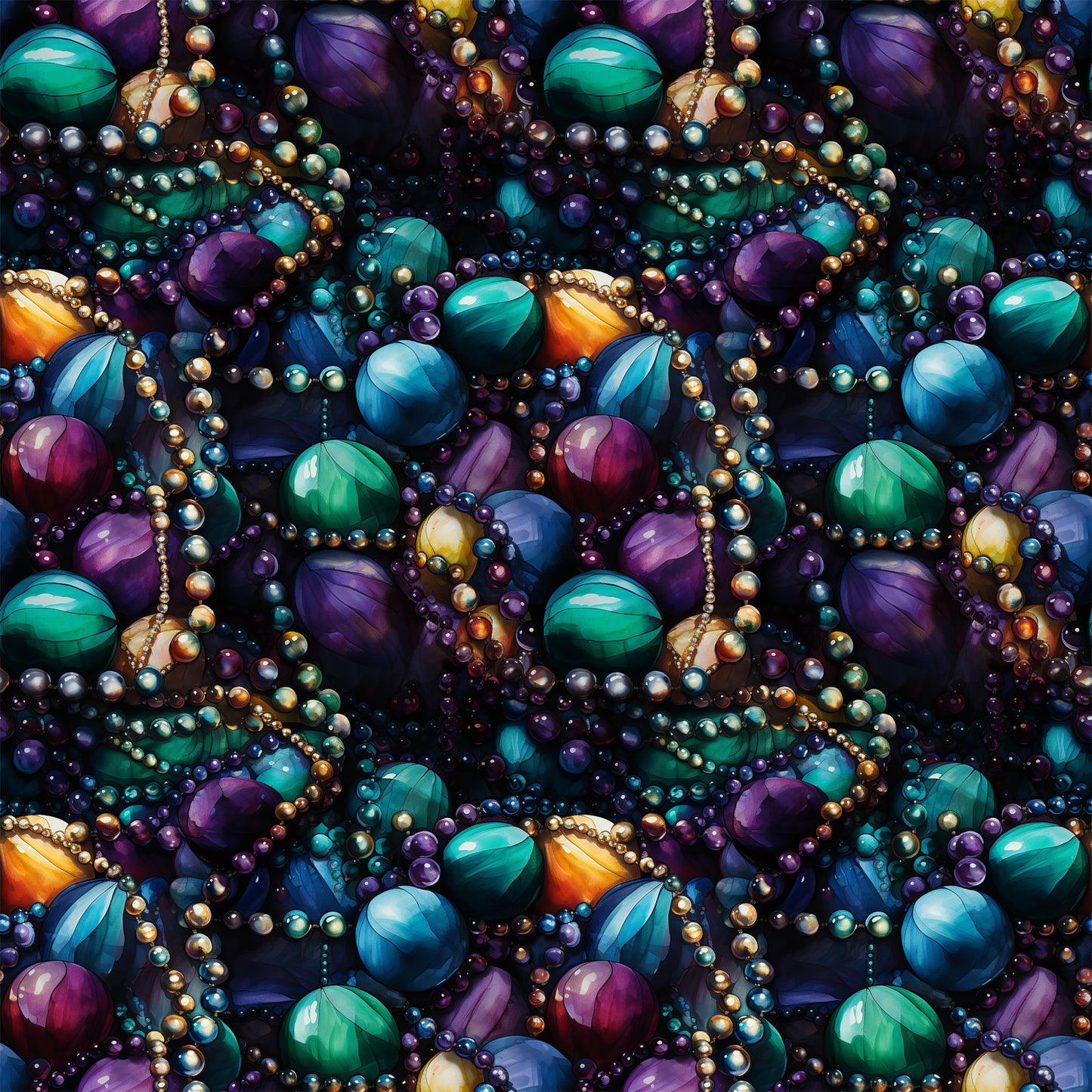 mardi gras beads, jewel tones, purple gemstones, green malachite, blue sapphires, gold pearls, orange amber, seamless pattern, lustrous finish, carnival theme, new orleans style, festive beadwork, quilting cotton, fabric panel, rich colors, ornate jewelry, party beads, celebration motif, luxurious texture, repeating design