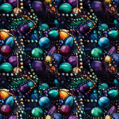 mardi gras beads, jewel tones, purple gemstones, green malachite, blue sapphires, gold pearls, orange amber, seamless pattern, lustrous finish, carnival theme, new orleans style, festive beadwork, quilting cotton, fabric panel, rich colors, ornate jewelry, party beads, celebration motif, luxurious texture, repeating design