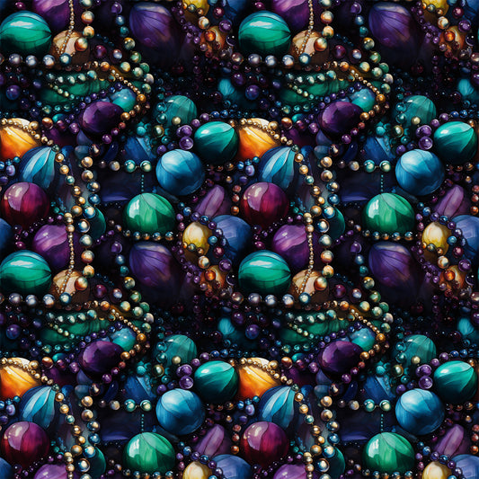 mardi gras beads, jewel tones, purple gemstones, green malachite, blue sapphires, gold pearls, orange amber, seamless pattern, lustrous finish, carnival theme, new orleans style, festive beadwork, quilting cotton, fabric panel, rich colors, ornate jewelry, party beads, celebration motif, luxurious texture, repeating design
