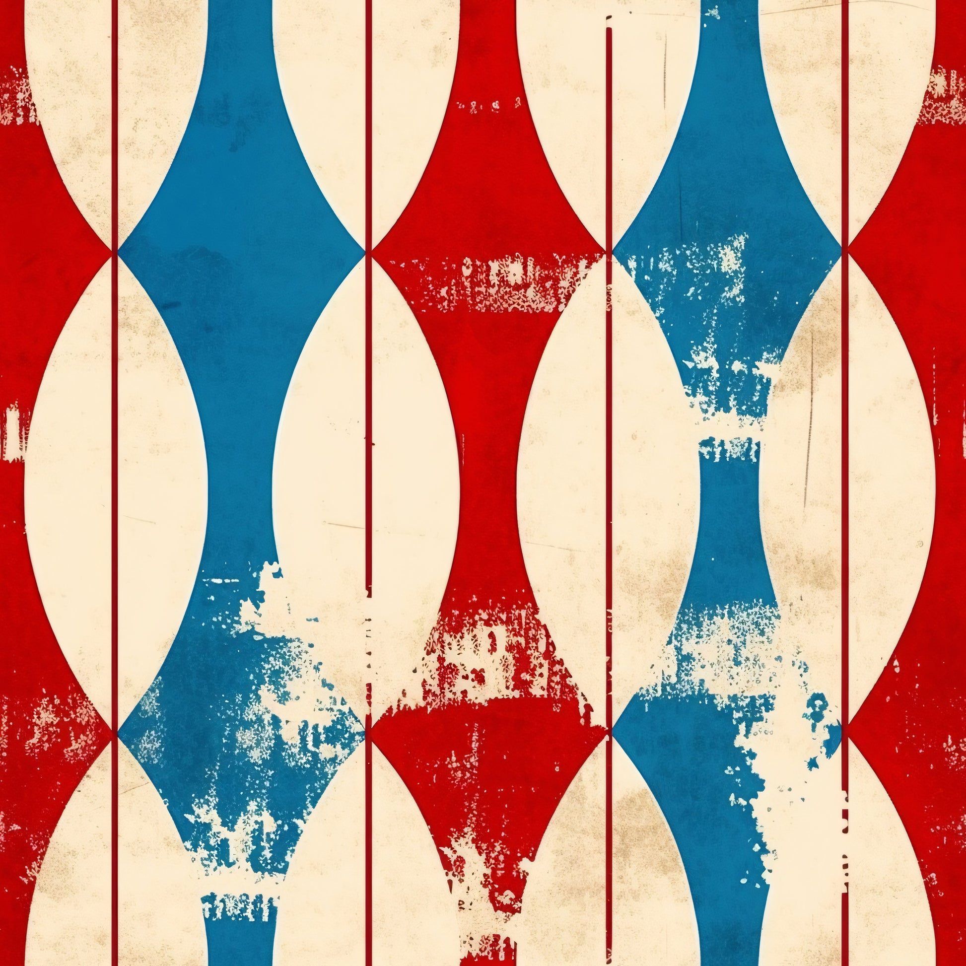 red, white, blue, distressed texture, patriotic, diamond pattern, geometric shapes, vintage weathered, worn appearance, quilting cotton, fabric panel, americana, faded colors, repeating motif, rustic finish, stars and stripes colors, textured surface, aged look, cotton fabric, craft material
