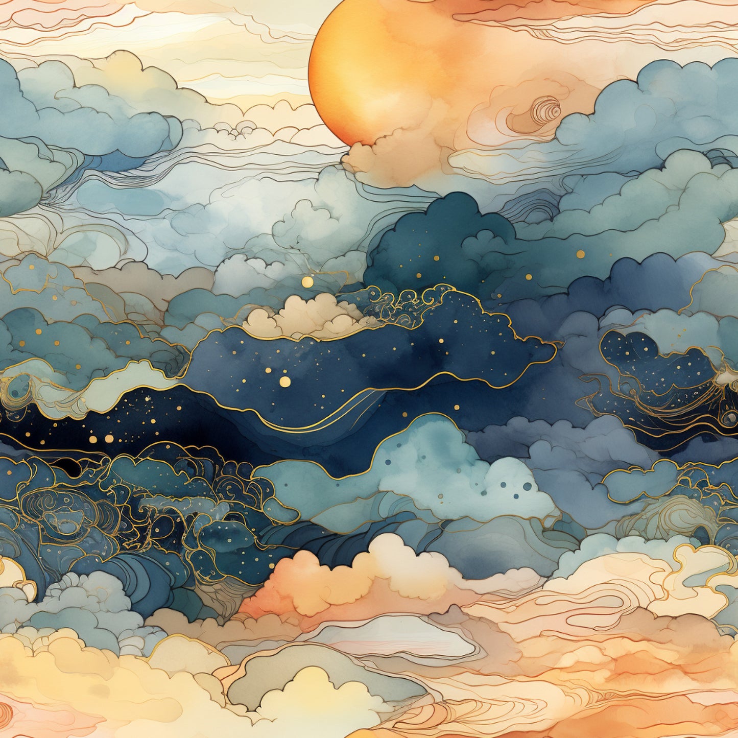 sunset, orange, peach, coral, navy blue, teal, gold accents, clouds, sky, celestial, stars, sun, flowing lines, watercolor style, dreamy, serene, quilting cotton, fabric panel, evening sky, atmospheric, layered clouds, golden details