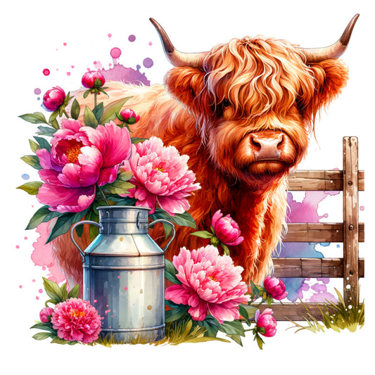 Floral Highland Cow Fabric Panel 9