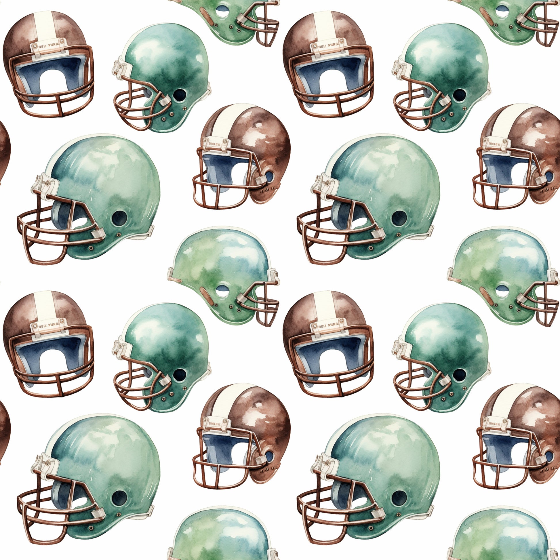 watercolor, football helmets, green helmets, brown helmets, sports pattern, athletic theme, repeating pattern, quilting cotton, fabric panel, vintage style, muted colors, sage green, chocolate brown, cream white, football gear, sports equipment, masculine design, boy's fabric, team colors, nostalgic mood
