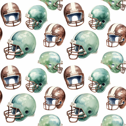 watercolor, football helmets, green helmets, brown helmets, sports pattern, athletic theme, repeating pattern, quilting cotton, fabric panel, vintage style, muted colors, sage green, chocolate brown, cream white, football gear, sports equipment, masculine design, boy's fabric, team colors, nostalgic mood