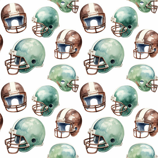 watercolor, football helmets, green helmets, brown helmets, sports pattern, athletic theme, repeating pattern, quilting cotton, fabric panel, vintage style, muted colors, sage green, chocolate brown, cream white, football gear, sports equipment, masculine design, boy's fabric, team colors, nostalgic mood