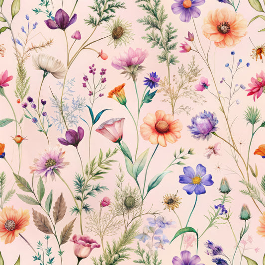 wildflowers, botanical pattern, peach background, purple flowers, orange blooms, blue blossoms, pink petals, green foliage, delicate stems, watercolor style, meadow flowers, nature motif, quilting cotton, fabric panel, whimsical florals, spring garden, soft pastels, scattered blooms, field flowers, artistic botanicals