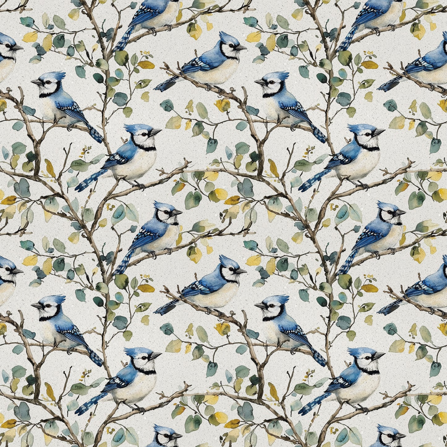 blue jay, birds, branches, leaves, floral pattern, repeating design, nature motif, watercolor style, cream background, teal blue, sage green, yellow accents, brown branches, quilting cotton, fabric panel, botanical design, perched birds, woodland theme, soft colors, artistic illustration